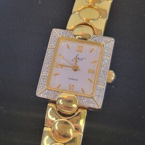 Atria Diamond ladies gold tone watch AS IS  needs battery
